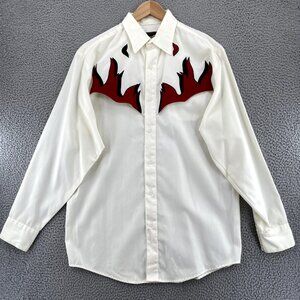 Vintage Steer West Shirt Mens Large White Red Flames Rockabilly Rodeo Cowboy*